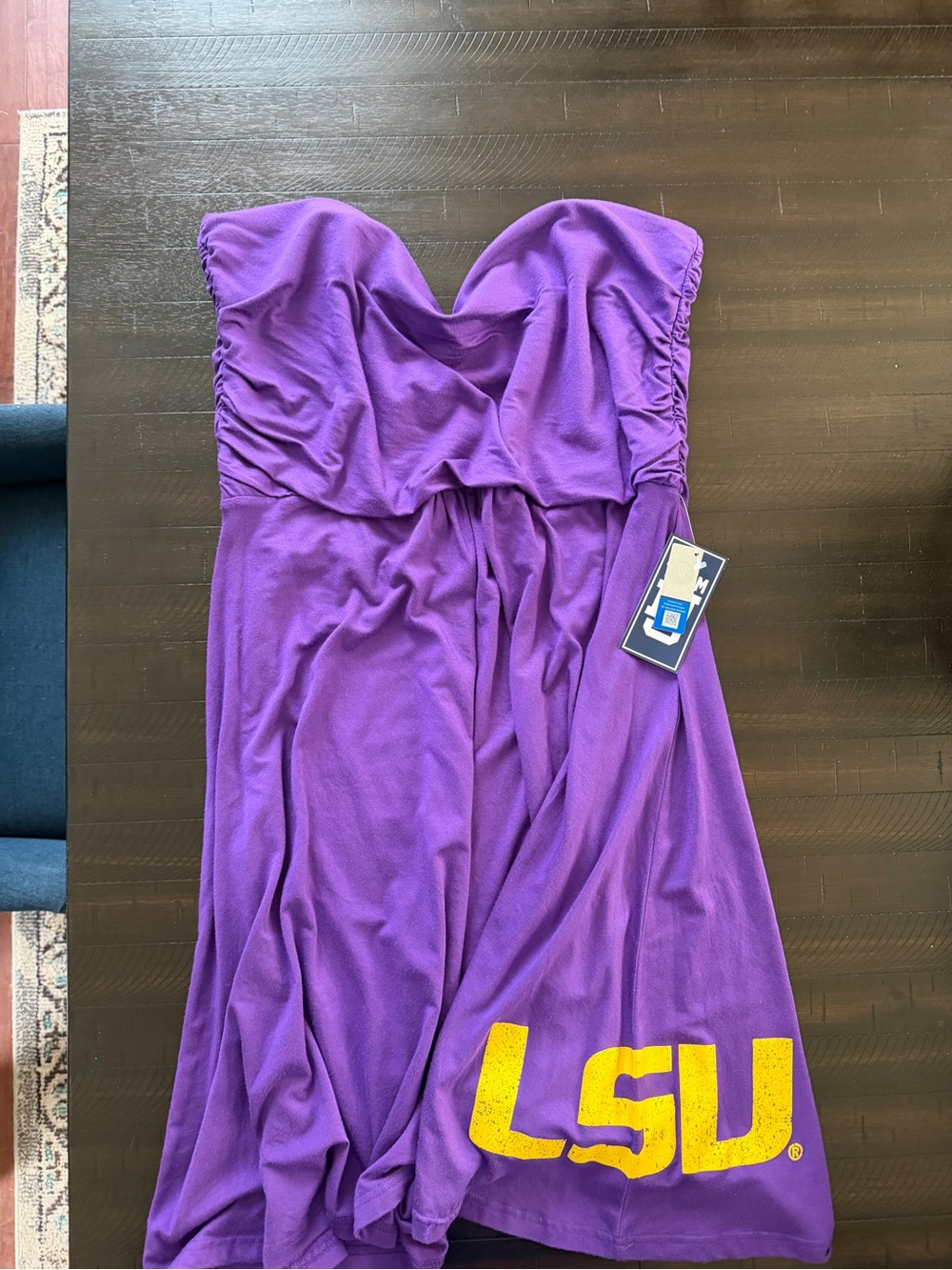 LSU Purple Strapless Ruched Bodice Dress with Logo
